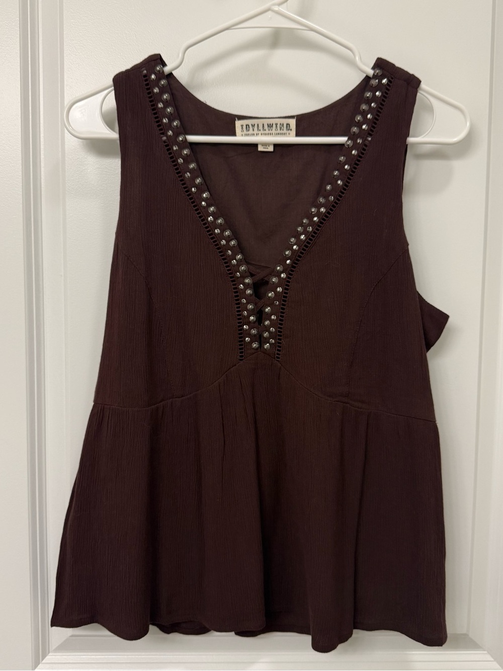 Idyllwind Dark Brown Studded Lace-Up V-Neck Sleeveless Top